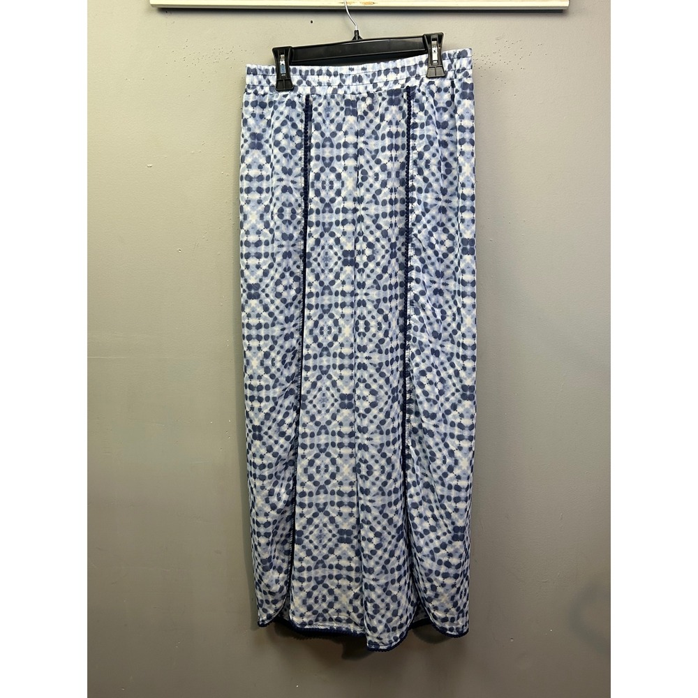Miken Swim Pants Women XL Blue White Tie Dye Pom Pom Trim Wide Leg Cover Up